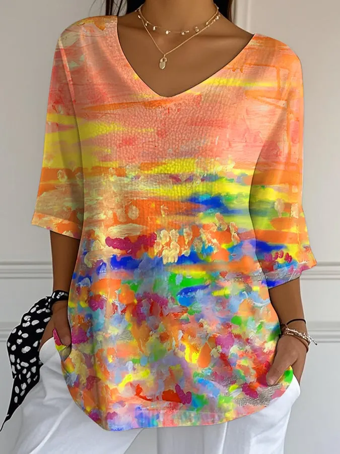 Women's Casual Autumn Oil Painting Bubble Wrinkle Cotton And Linen Top 