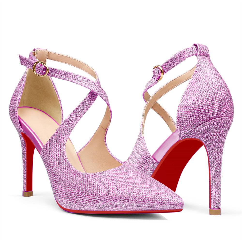 95mm Women's Pointed Toe Cross Strap Heels Ankle Strap Sandals Red Bottoms Pumps Shoes glitter-MERUMOTE