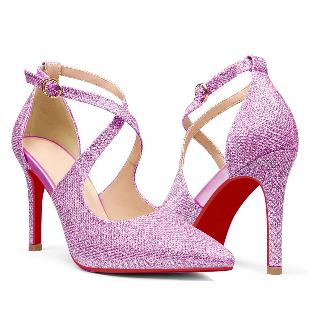 95mm Women's Pointed Toe Cross Strap Heels Ankle Strap Sandals Red Bottoms Pumps Shoes glitter-MERUMOTE