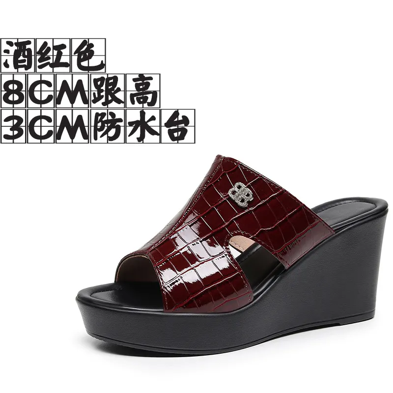 Breakj Breakj Leather Slope And Slippers Women Wearing Fashion Pine Cake Thick Bottom Fitting Room A Word Drag Anti-Slip High And Cow Skin Cold Drag