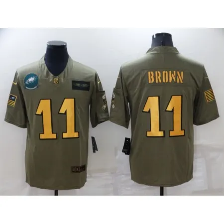 Men's Philadelphia Eagles #11 A. J. Brown Olive/Gold Salute To Service Limited Stitched Jersey 258H