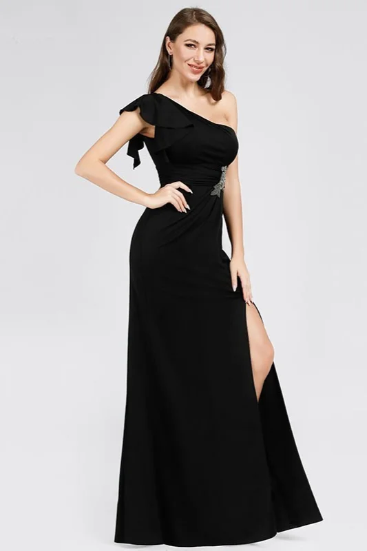 Sexy One Shoulder Prom Dresses Black Evening Gowns With Slit