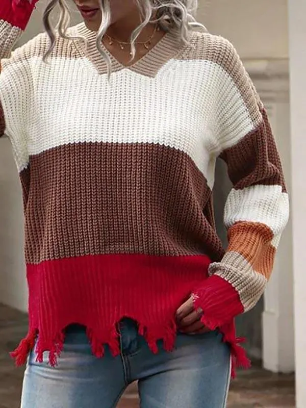 Drop Shoulder Colorblock Frayed Sweater