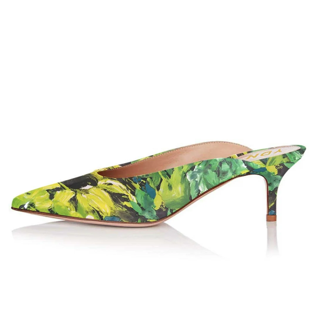 YDN Simple Green Painting Pointed Toe Slip-On Mules for Women