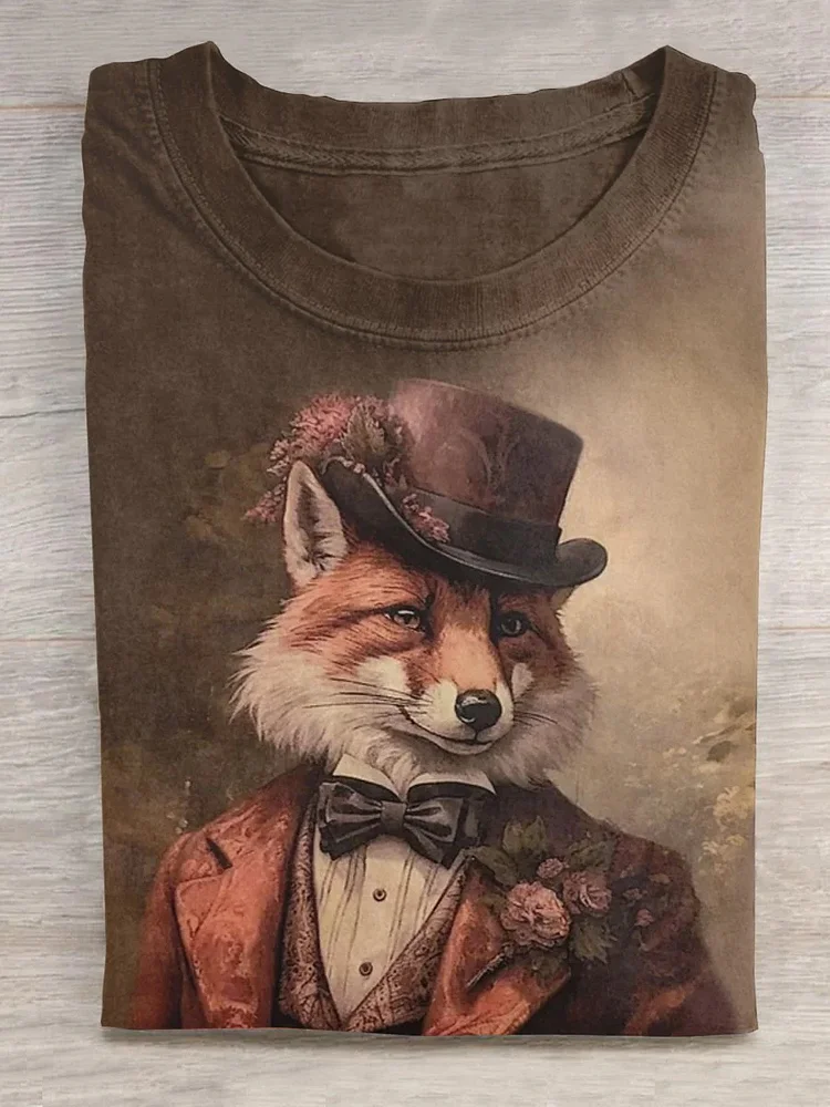Men's Vintage Fox Victorian Art Graphic Print T-Shirt