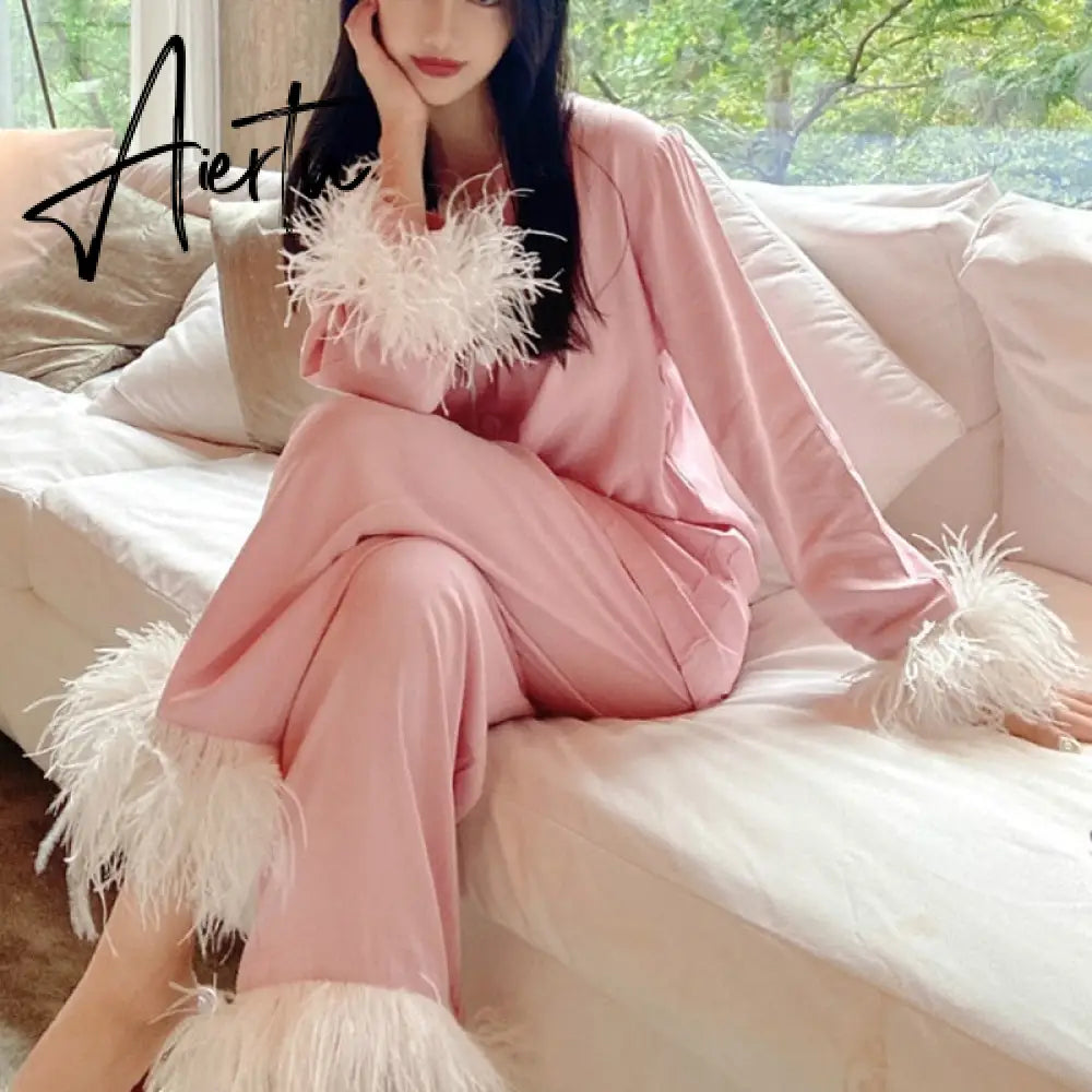 Sleepwear for Women New Cute Silk Cotton Light Luxury Ostrich Wool Pajamas Two-Piece Set Solid Color Home Suit Aiertu