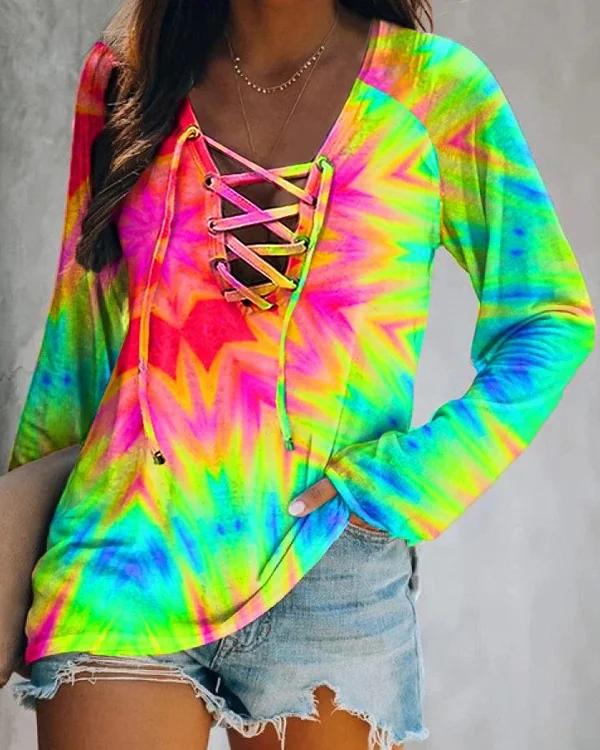 🔥kukelife🔥Color Tie-dye Lace Up Long Sleeve T-shirt
