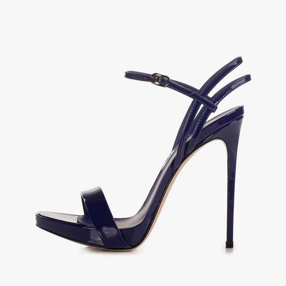 Patent Leather Open Toe Strappy High Heel Platform Sandals in Navy