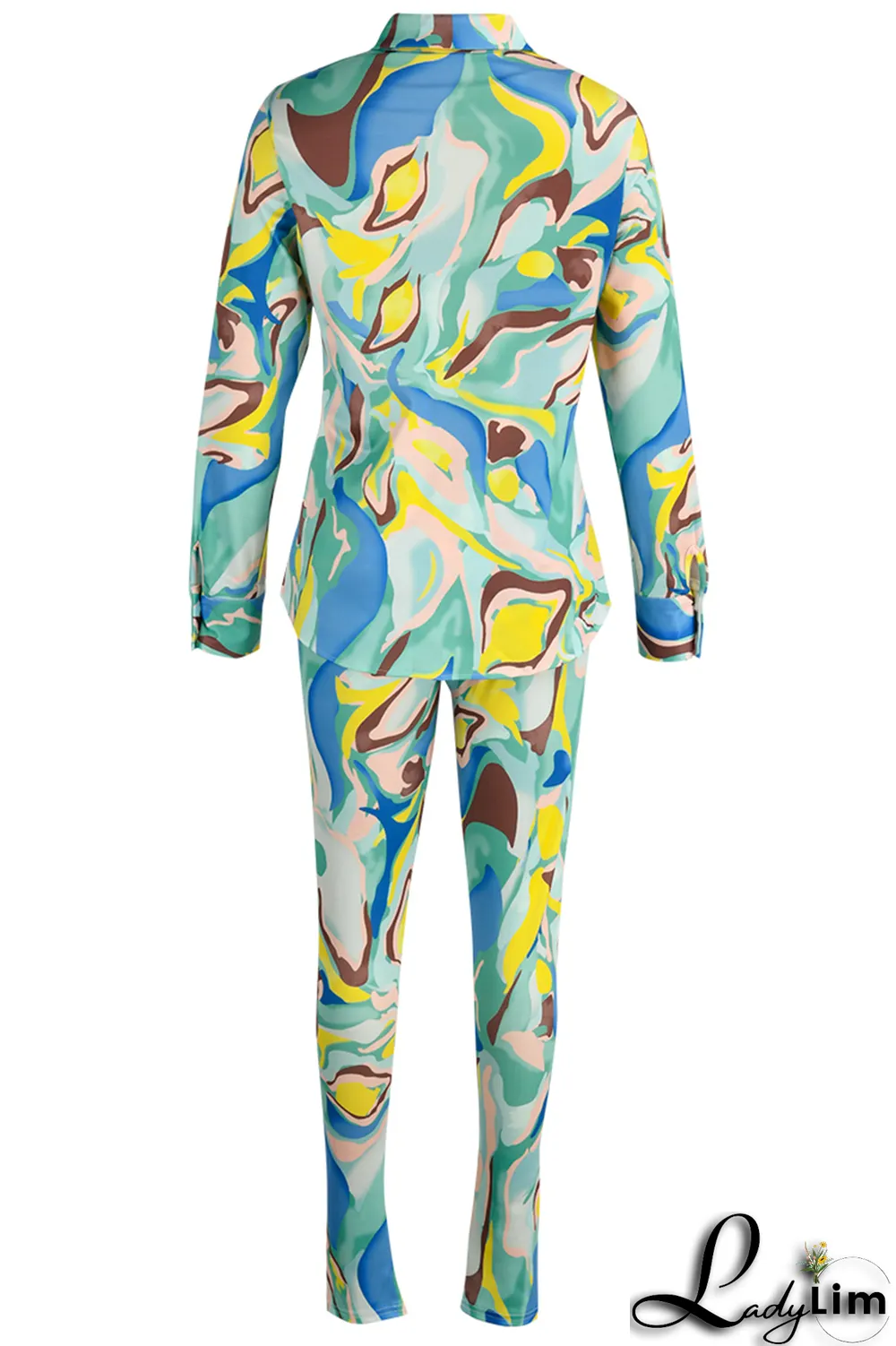 Yellow Casual Print Patchwork Turndown Collar Long Sleeve Two Pieces