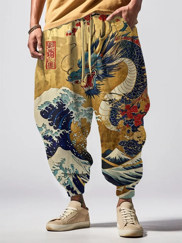 Men's Rough Sea Waves Japanese Art Print Loose Drawstring Waist Sweatpants
