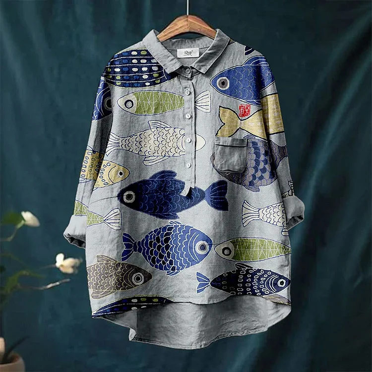 Vintage Lovely Fish Art Print Casual Lapel Blouse