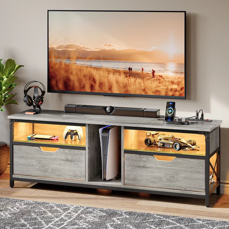 Bestier Modern TV Stand with Charging Station & RGB LED Lights for TVs up to 75", Gray