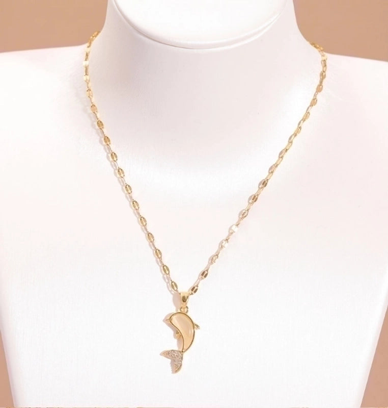 Sweet Dolphin Copper Inlay Opal Zircon Pendant Necklace