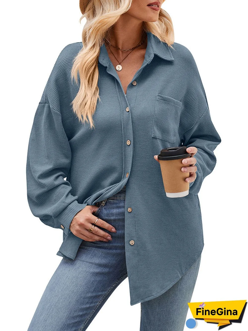 Women's Pockets Buttons Solid Color Long Sleeve V-neck Top