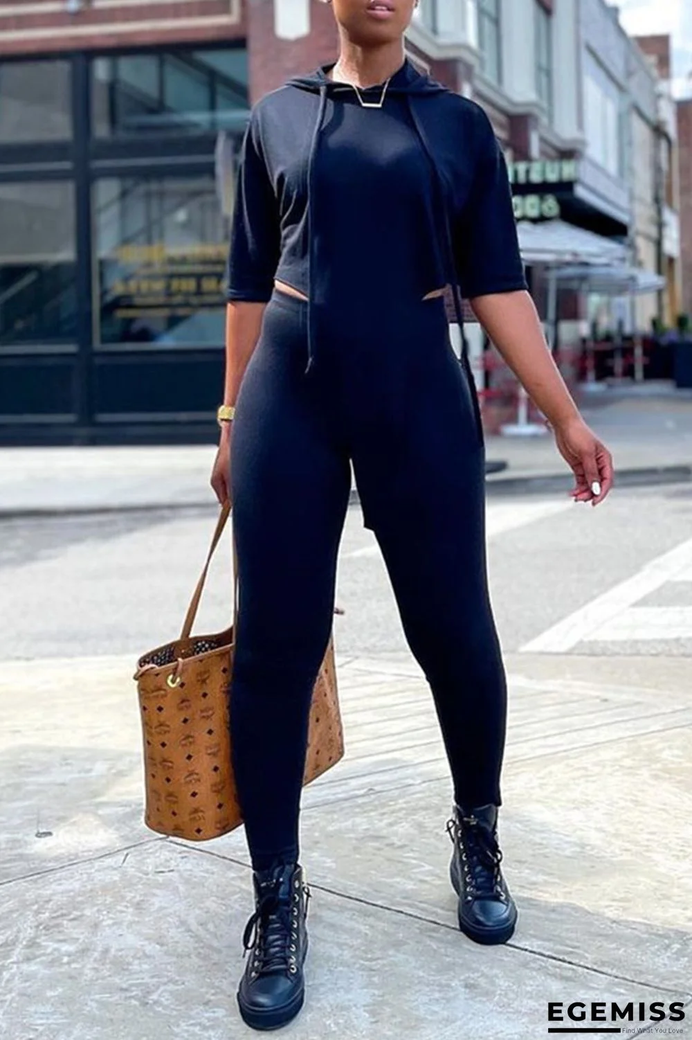 Black Fashion Casual Solid Asymmetrical Hooded Collar Half Sleeve Two Pieces | EGEMISS
