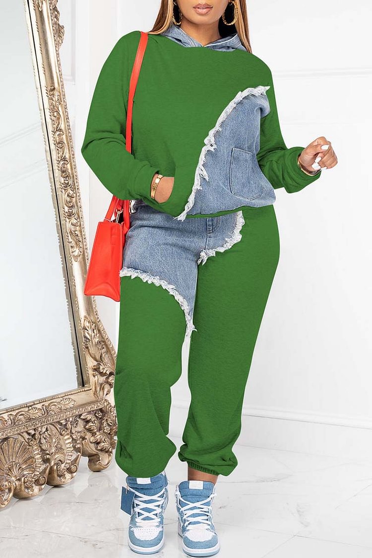 Xpluswear Plus Size Casual Green Colorblock Denim Patchwork With Pocket Hooded Collar Long Sleeve Two Pieces Pants Set