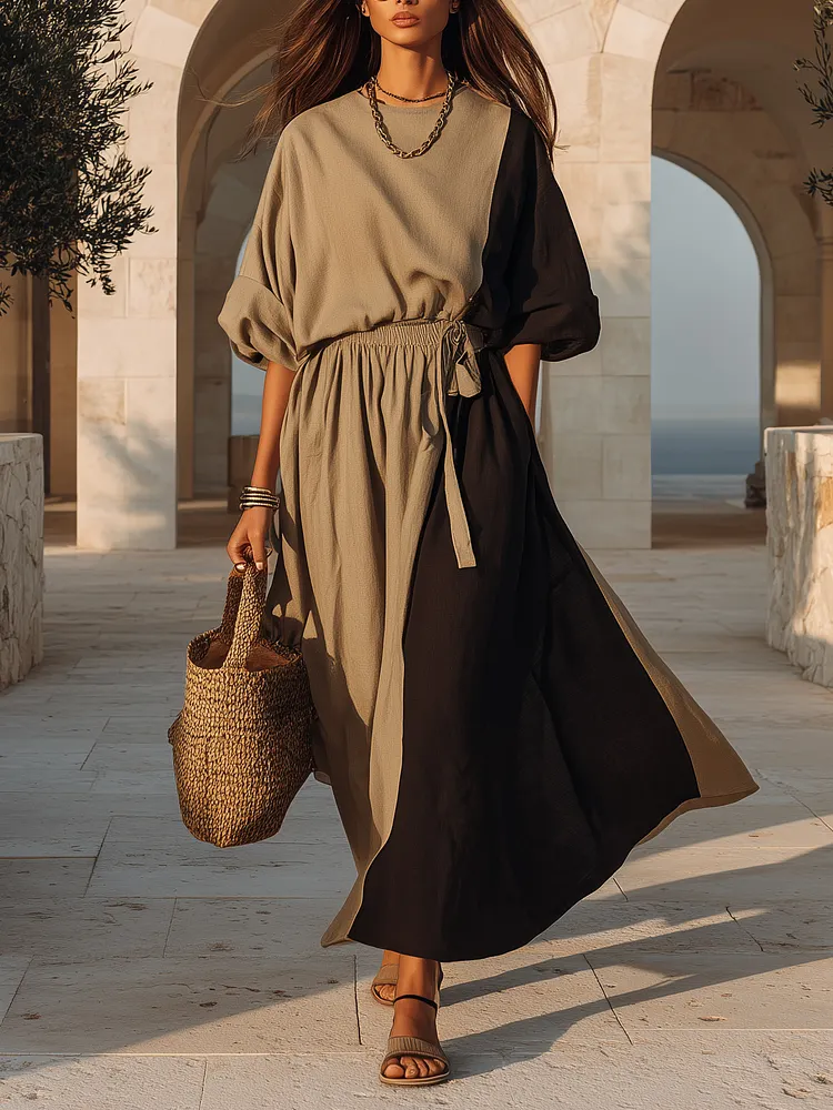 Desert Wander Taupe Black Color Block Linen Drawstring Waist Maxi Dress