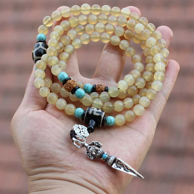 108 Beads Tibetan Sheep Horn Dzi Bead Turquoise Necklace Bracelet Mala