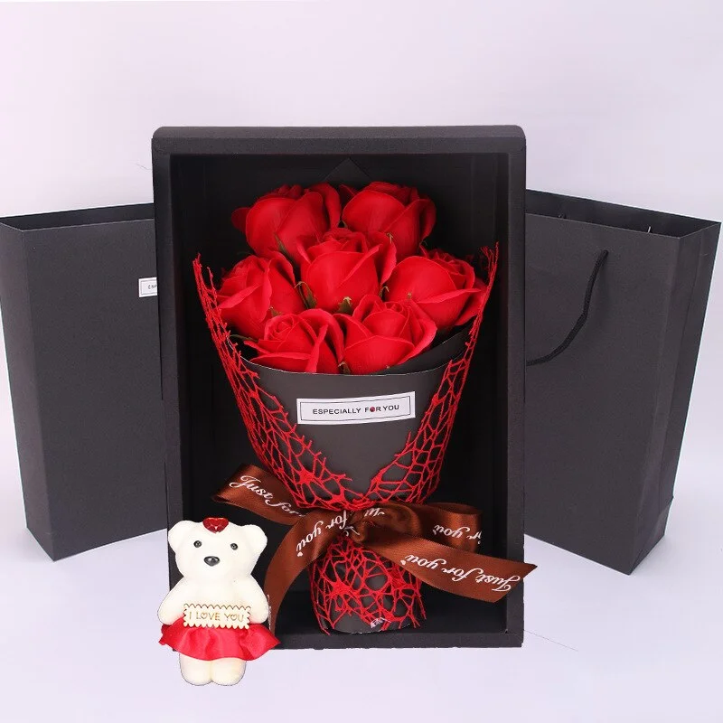 Wedding Gift 7 Soap Rose Flower Gift Box Bouquet Stuffed Bear Wife Present Artificial Flowers Valentine's Day Birthday Party