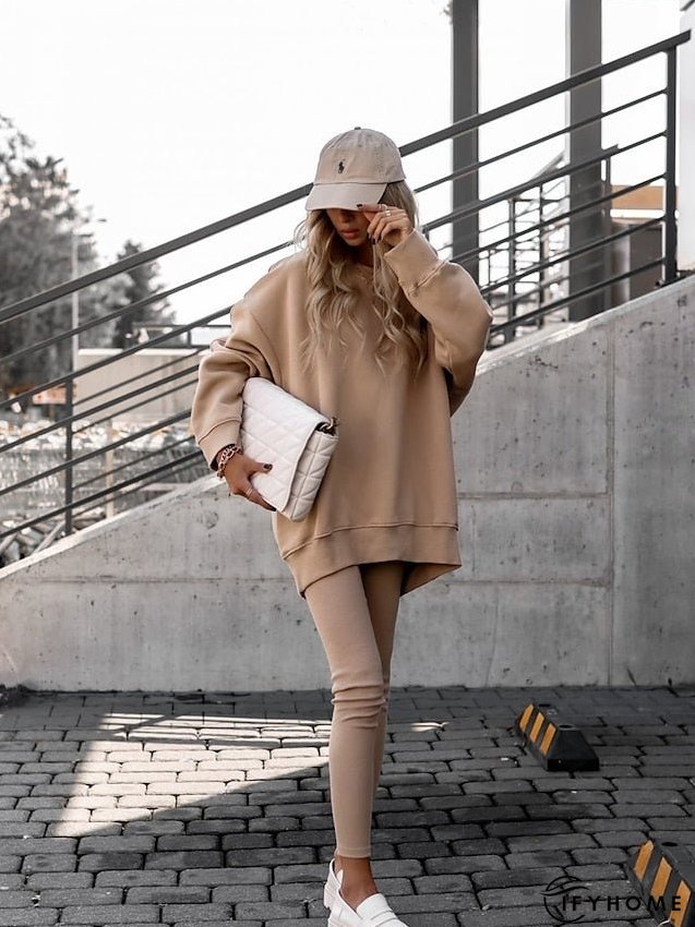 Sweatshirt Tracksuit Pants Sets Pants Trousers Active Streetwear Pink Khaki Sports Outdoor Casual Solid Color Crew Neck S M L XL XXL for Women | IFYHOME