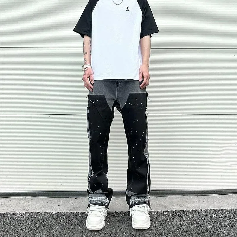 Hedirax fall outfits y2k European and American high street men's washed jeans retro personalized straight-leg splicing flared pants trendy denim trousers