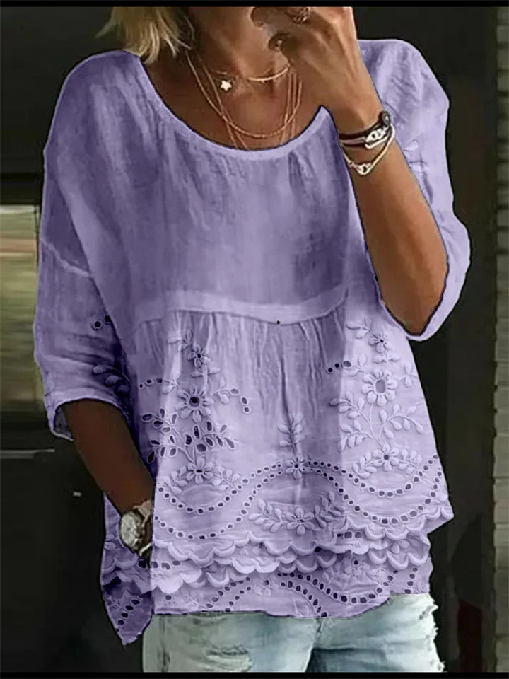 Summer Women's T-shirt Casual Printed Medium Sleeve Ruffled Round Neck Embroidery Top