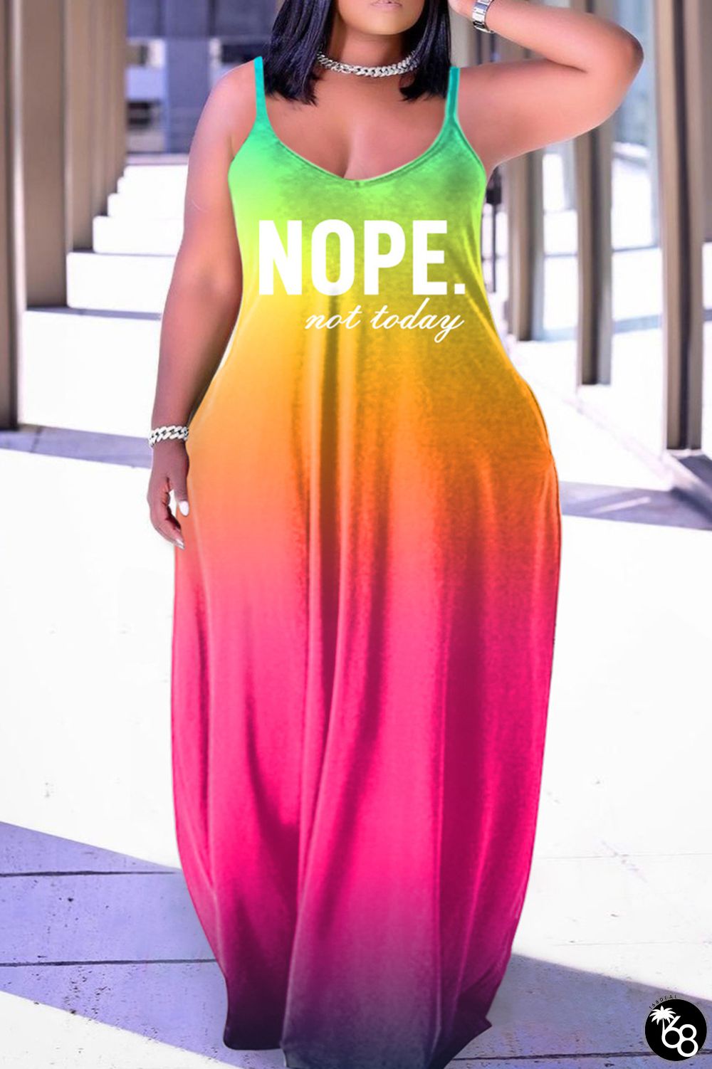 Green Orange Sexy Casual Print Backless Spaghetti Strap Long Dress Dresses | 168DEAL