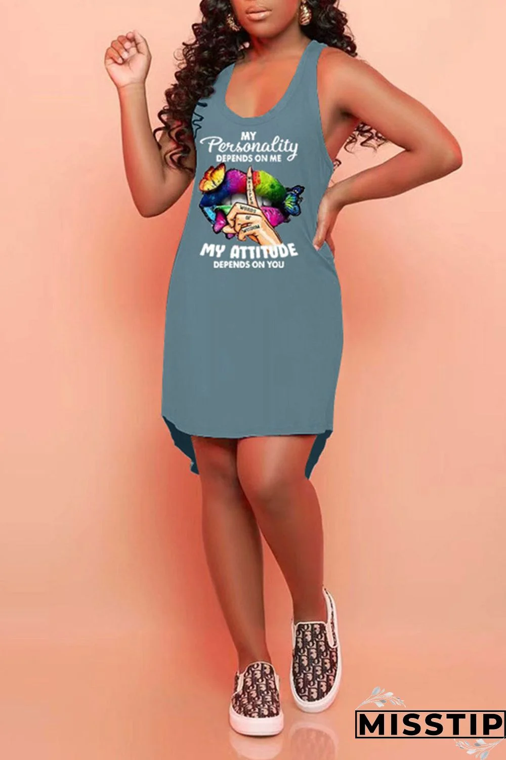 Blue Casual Print Patchwork U Neck Straight Dresses