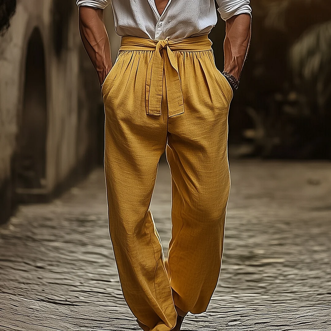 Mustard Yellow Linen Blend Wide-Leg Pants With Adjustable Waist Tie-inspireuse