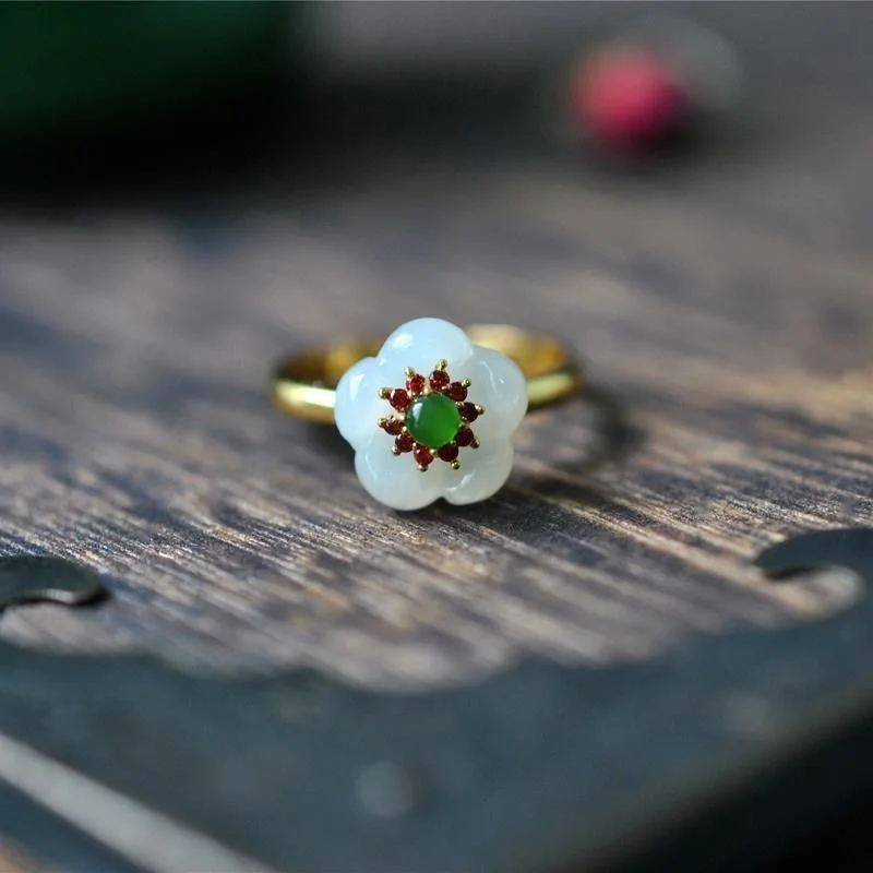 Elegant Jade Ring - Natural Stone S925 Sterling Silver Golden Plum Blossom Design, Simple Courtly Style for the Sophisticated Woman