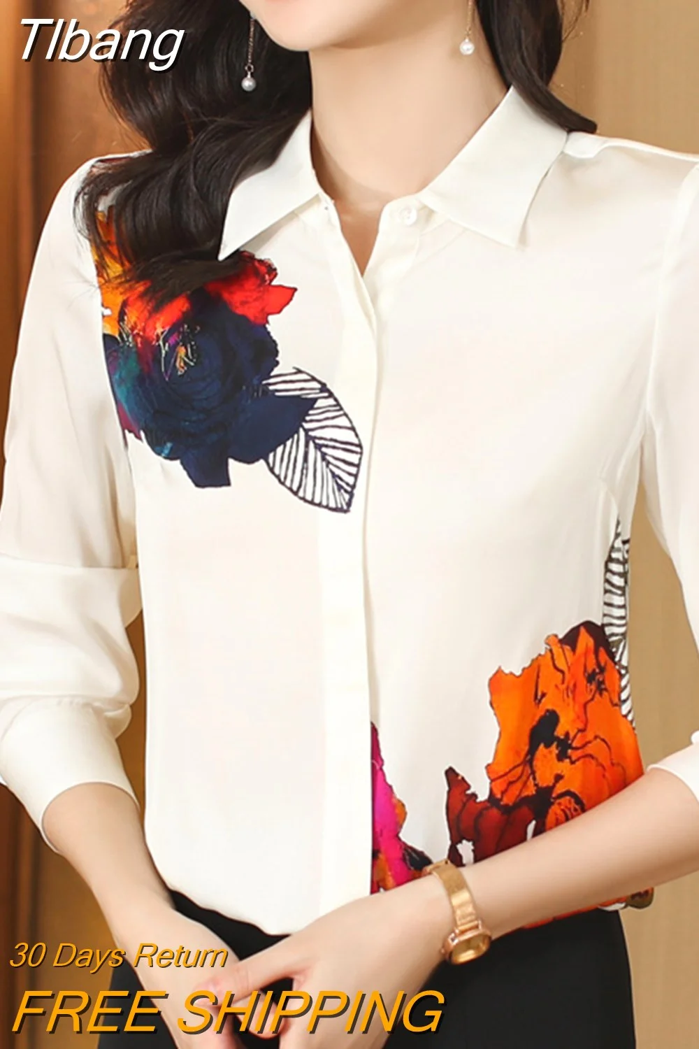 Tlbang Women Shirt Printed Long Sleeve Blouse Button Up Shirt Cheap and Pretty Blouses Satin Womens Tops OL Elegant Woman Blouses