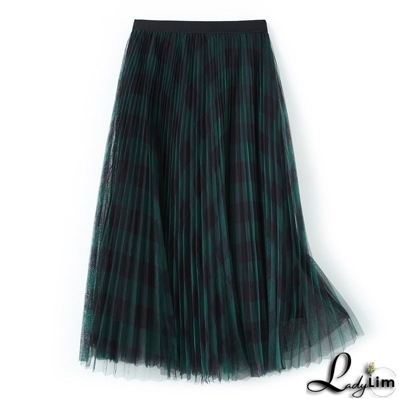 Spring High Waist Mid-length Pleated Skirt Mesh Skirt