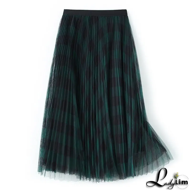 Spring High Waist Mid-length Pleated Skirt Mesh Skirt