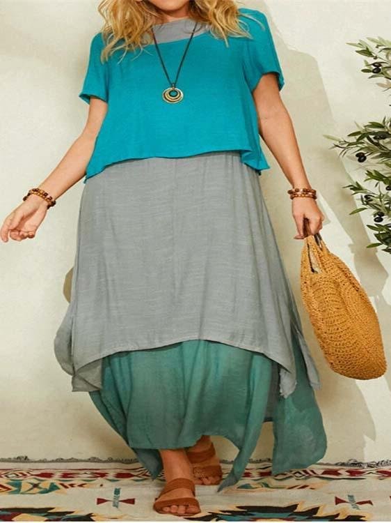 Women's Scoop Neck Stitching Short Sleeve Printed Maxi Dress