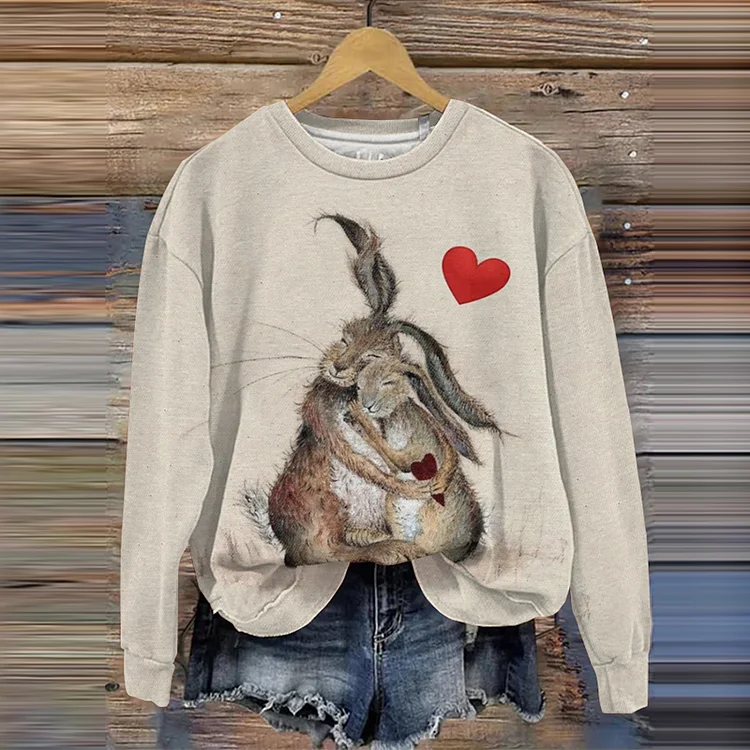 Wearshes Rabbit Print Crew Neck Long Sleeve Sweatshirt