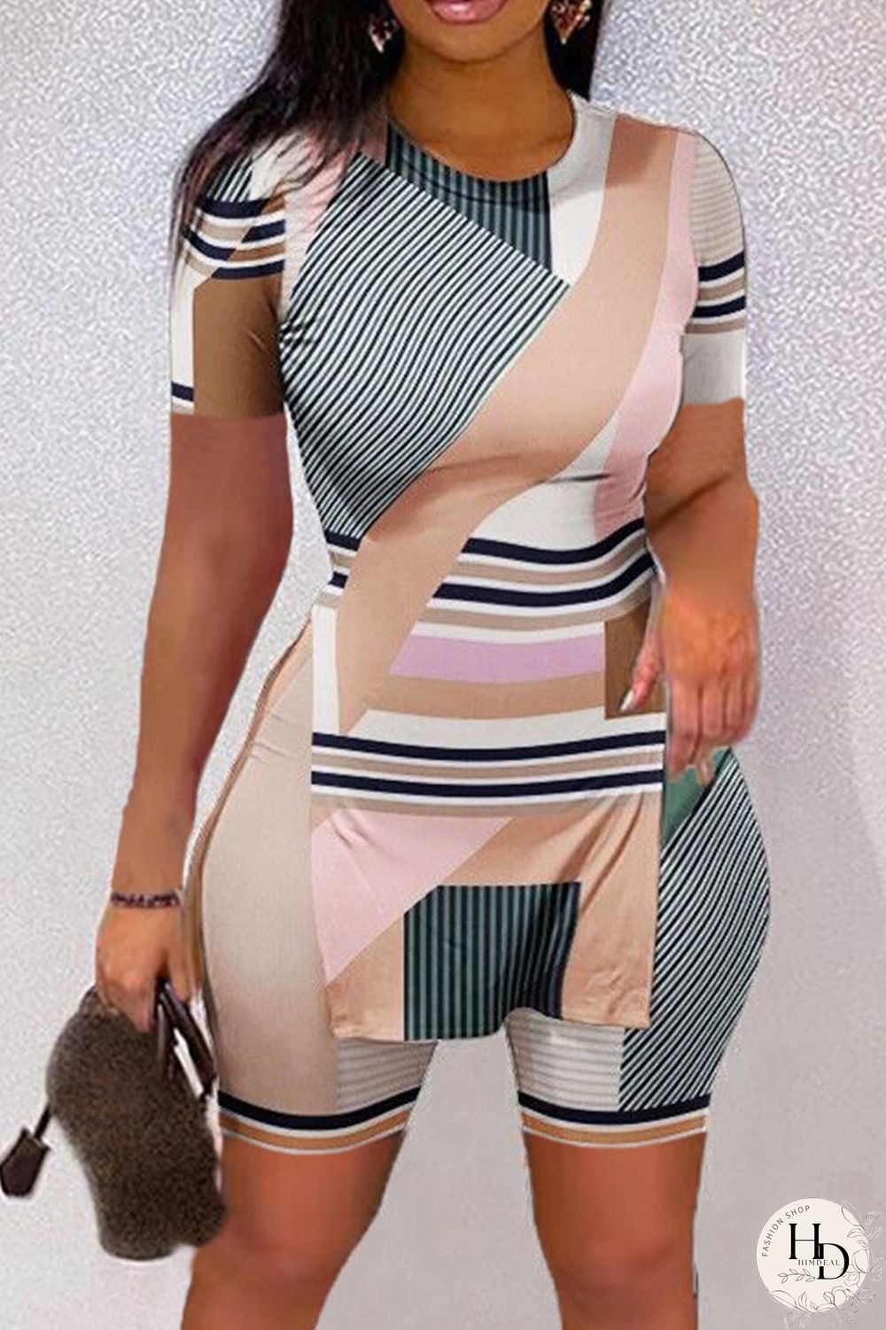 Brown Casual Print Patchwork Slit O Neck Short Sleeve Two Pieces