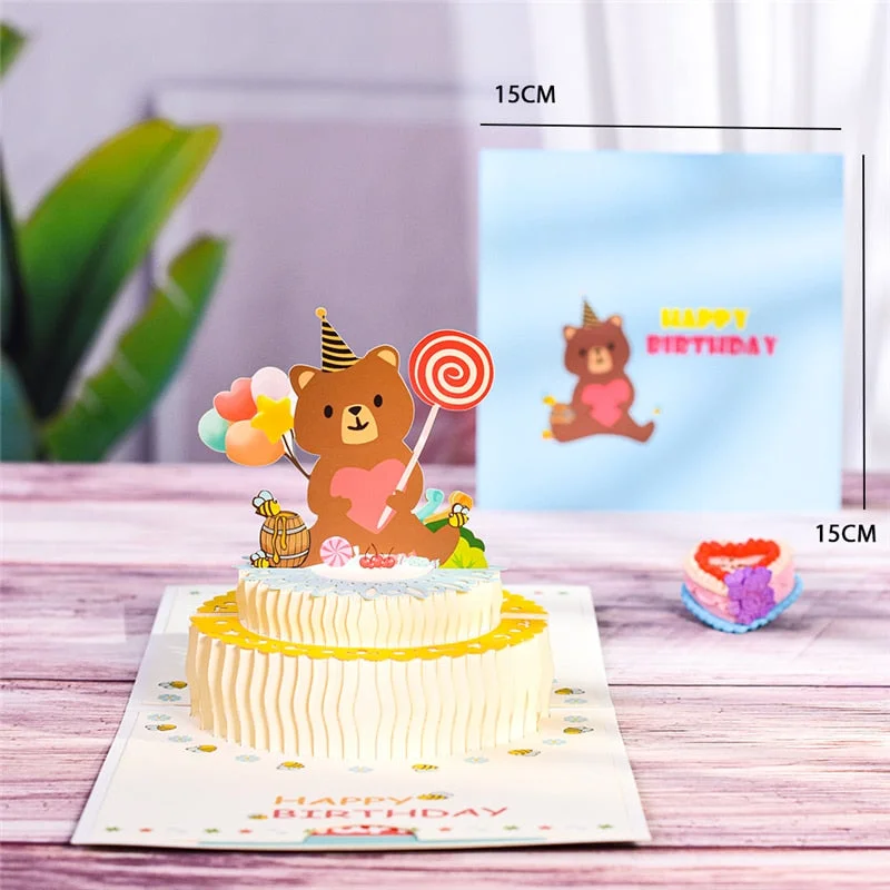 10 Pack 3D Pop-Up Cards Birthday Kids Cartoon Birthday Bear Greeting Card Postcard wholesale with Envelope Stickers