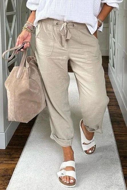 Women's Casual Pocket Pure Color Elastic Waist Pants