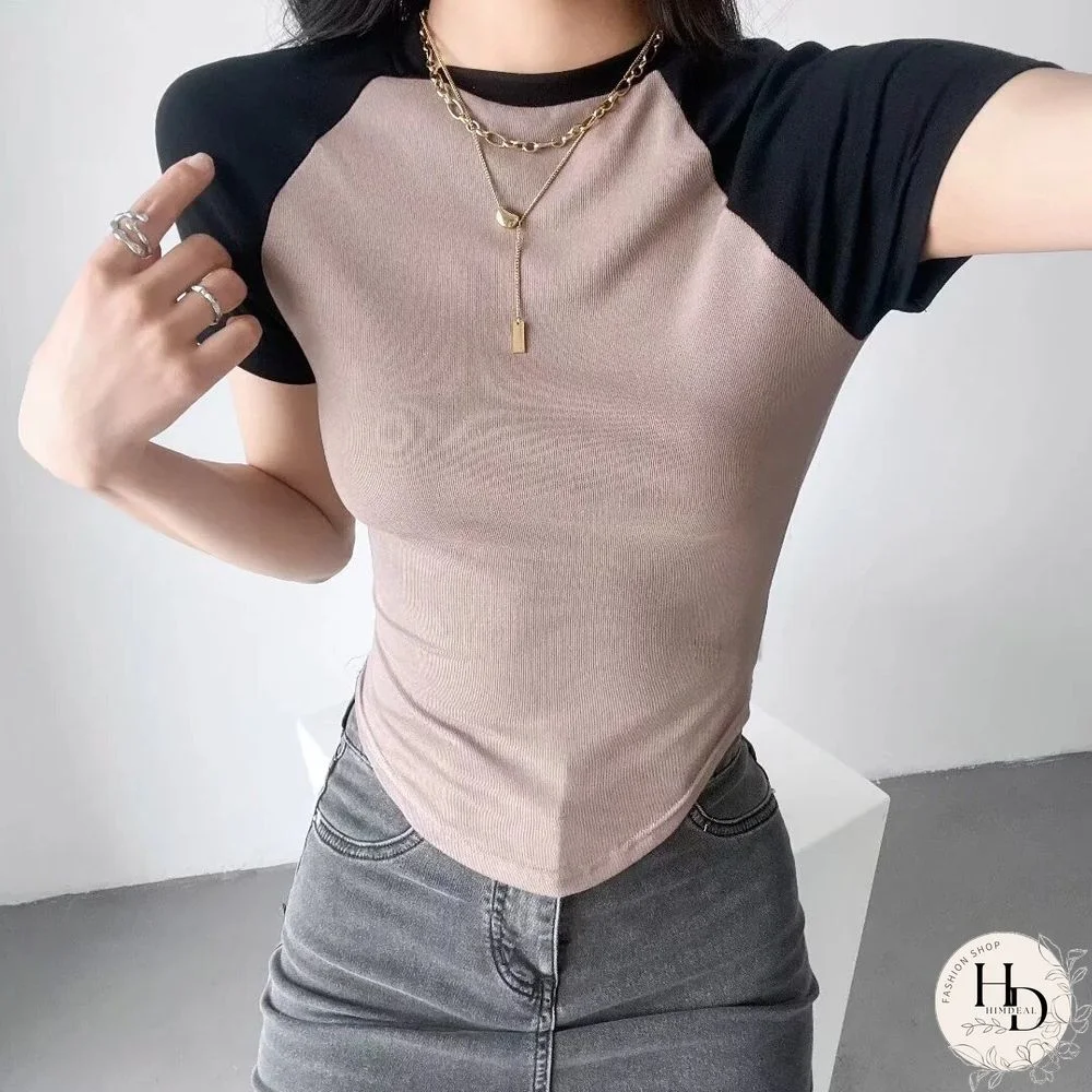 Curved Hem Contrast Color Sleeve Stitching Bottoming T Shirt Trendy Women's Short-sleeved T-shirt Tops For Women
