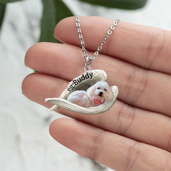 Personalized White Poodle Sleeping Angel Stainless Steel Necklace