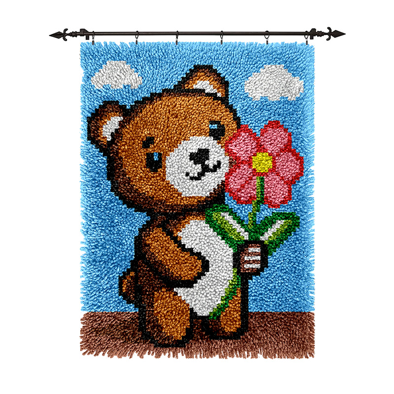 Latch Hook Rug Kits Cover Animal Pink Grizzly Latch Hook Kits With Printed Canvas Crochet Hook Embroidery Mat Kit Handmade For Adults Weeding And Parents Gift