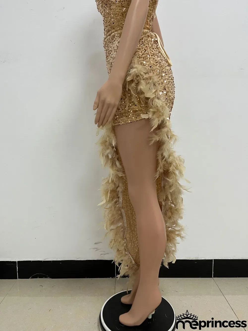 Women Sexy Off Shoulder Backless Sequin Feather Dress