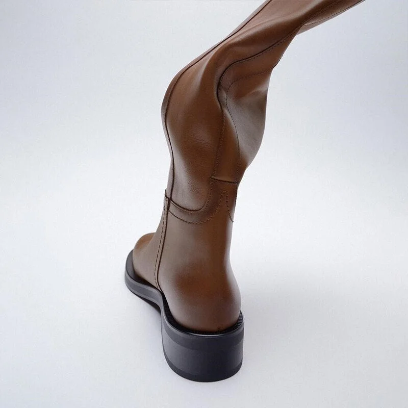 Winter Women Knee High Boots Full Cow Leather Warm Black Fashion New Thick Bottom Motorcycle Boots Punk Shoes Woman High Boots