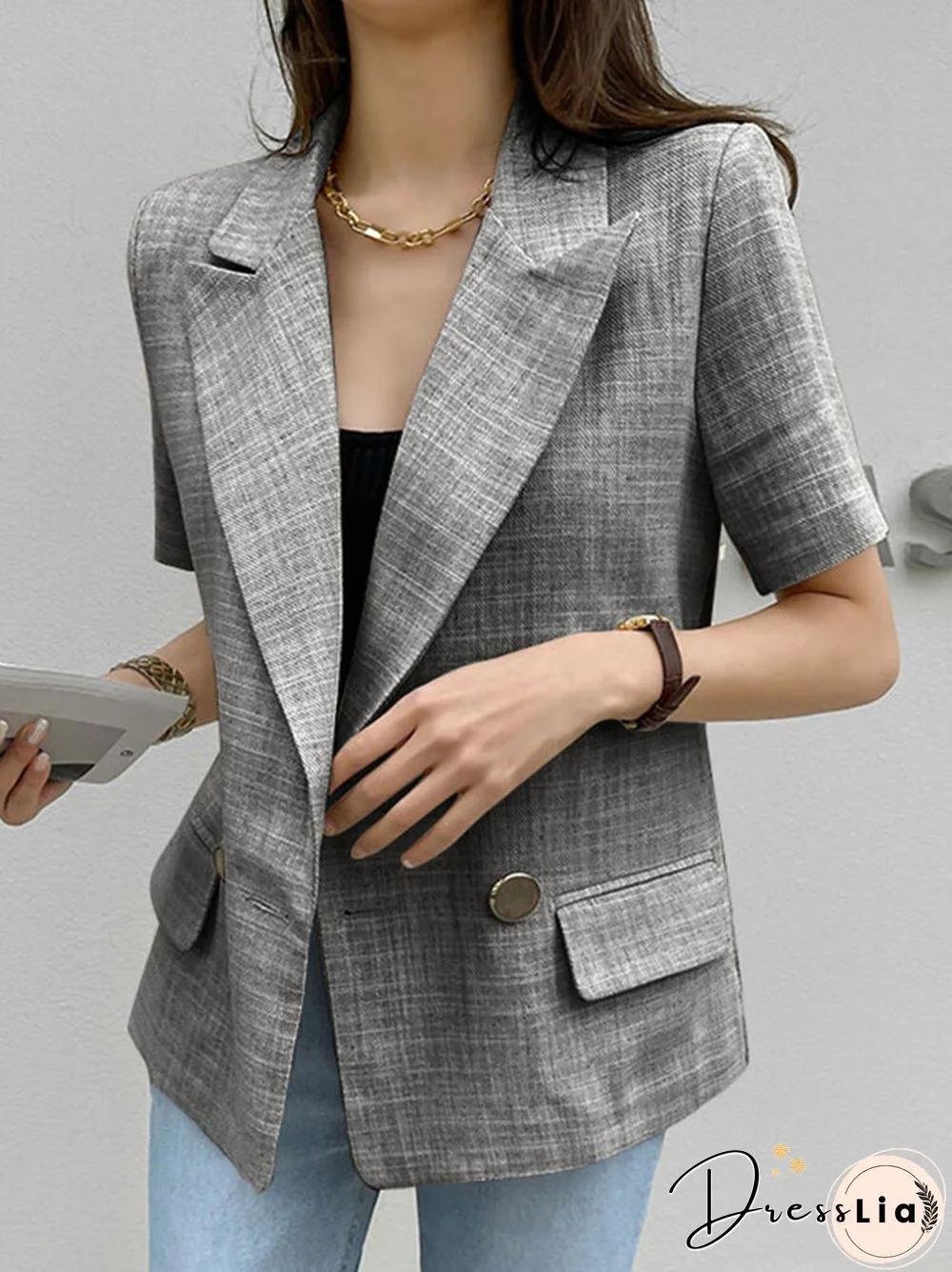 Short Sleeve Button Front Lapel Casual Blazer for Women