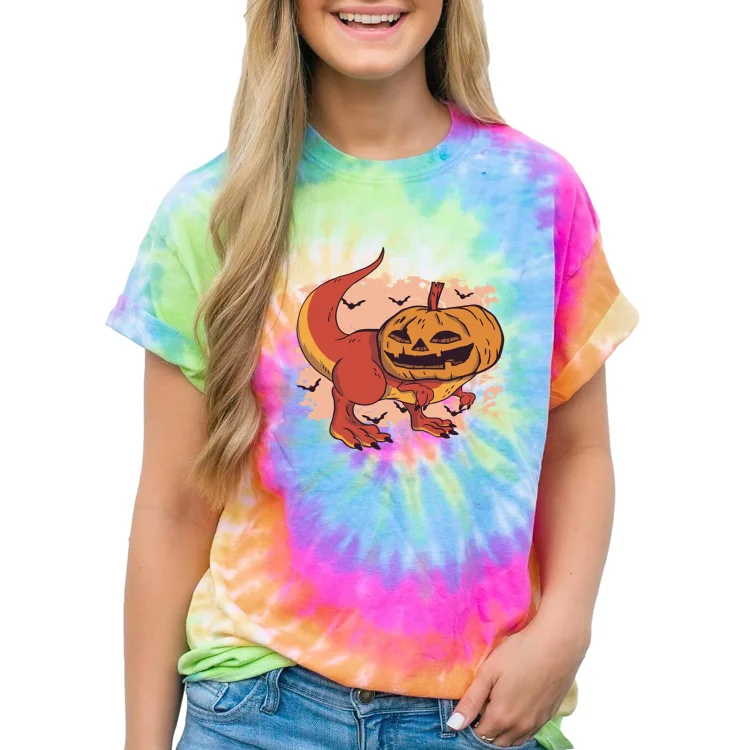 Women and Men Tie Dye Tee Dinosaur Pumpkin Head Halloween Short Sleeve T Shirt - Heather Prints Shirts