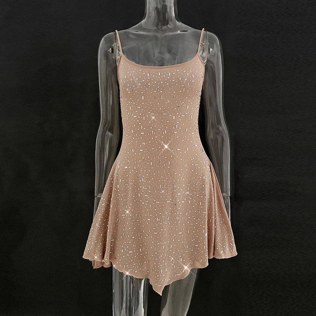 Uveng Explosion Women's Party Hot Diamond Half-Perspective Suspension Short Dress