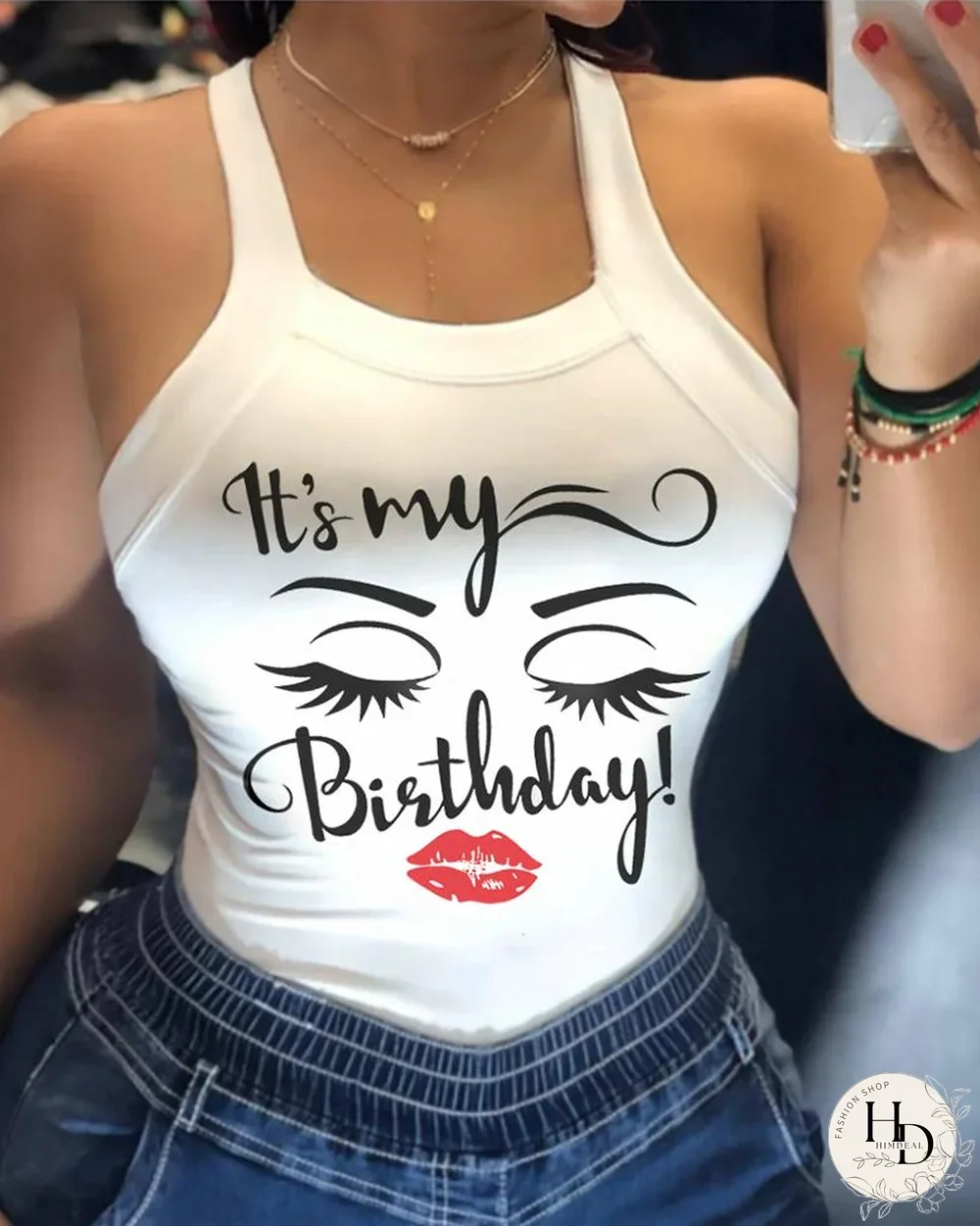 Top casual sin espalda con estampado de figura de letra de labios