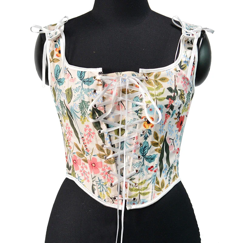 Billionm Floral Print Vintage Corset Women Lace Up Buister Crop Top Sleeveless Bandage Tank Top Sexy Chest Binder Camisole Mujer