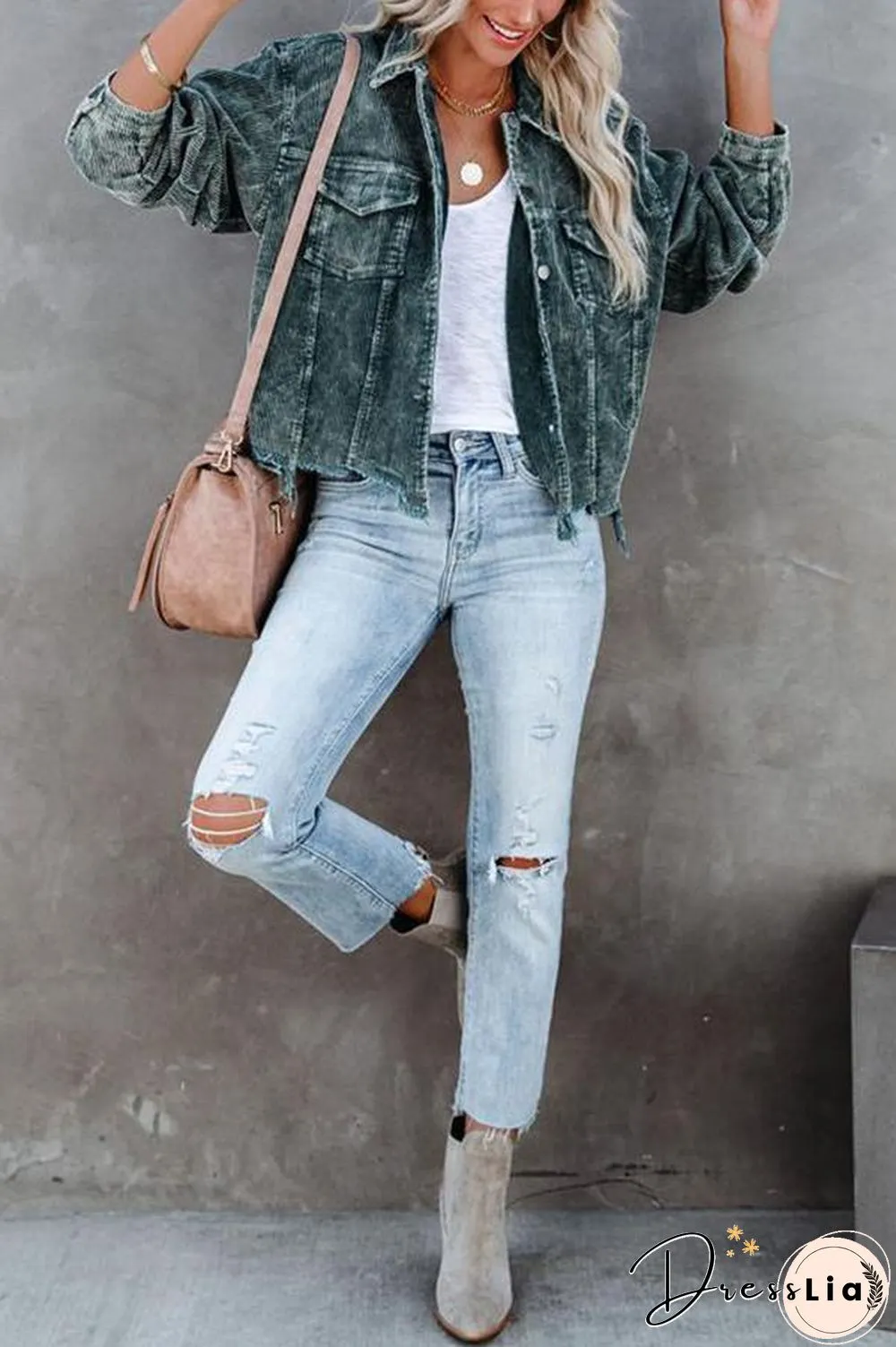 Frayed Hem Cropped Corduroy Jacket