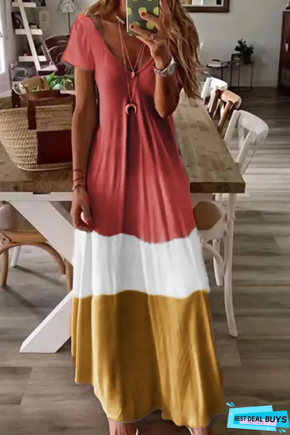 Color-Block V-Neck Short Sleeves A-Line Holiday Maxi Dress